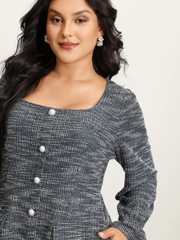 Tweed Knit Pearl Button Stretchy Midi Dress