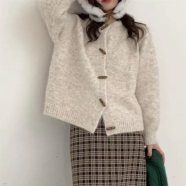 Women's Sweater Cardigan Elegant Fashion Streetwear Pure Color Crew Neck Pocket Knitted Long Sleeve Regular Tops Knit Outdoor Daily Weekend Yellow Light Green Fall Winter