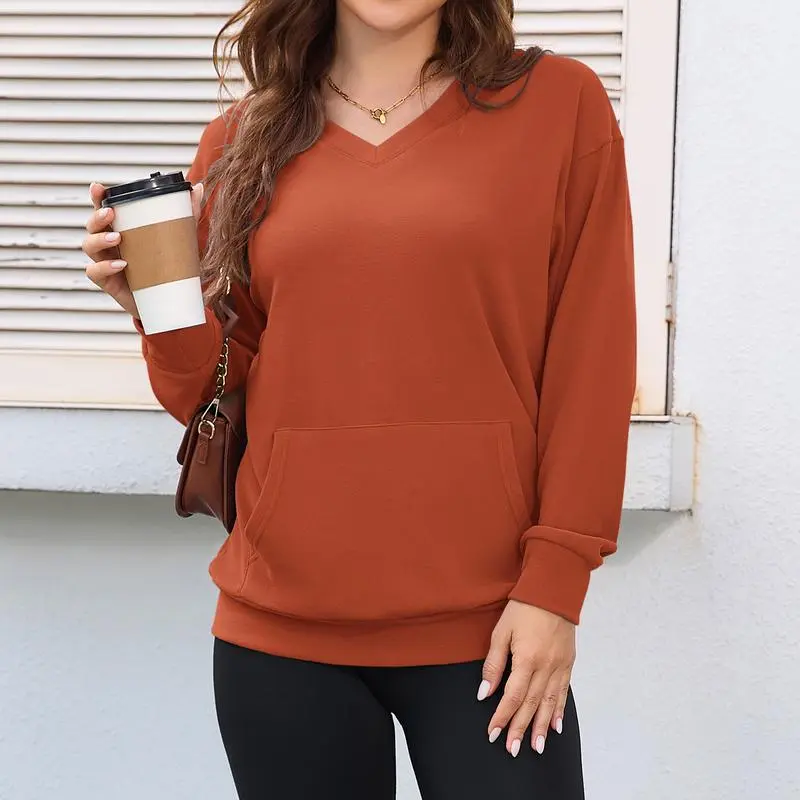 Women's Hoodless V-neck Sweatshirt With Kangaroo Pocket