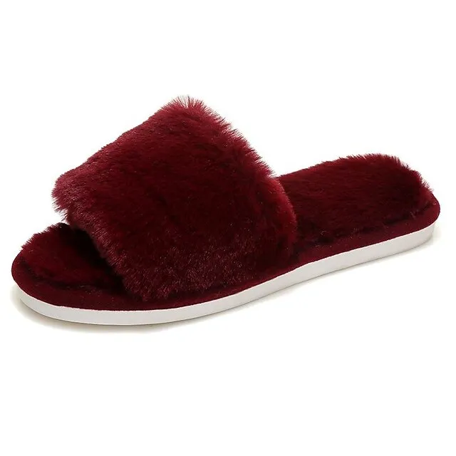 Women's Slippers Furry Feather Fuzzy Slippers Fluffy Slippers House Slippers Home Daily Solid Color Winter Flat Heel Open Toe Casual Comfort Minimalism Walking Suede Wine Red Black White