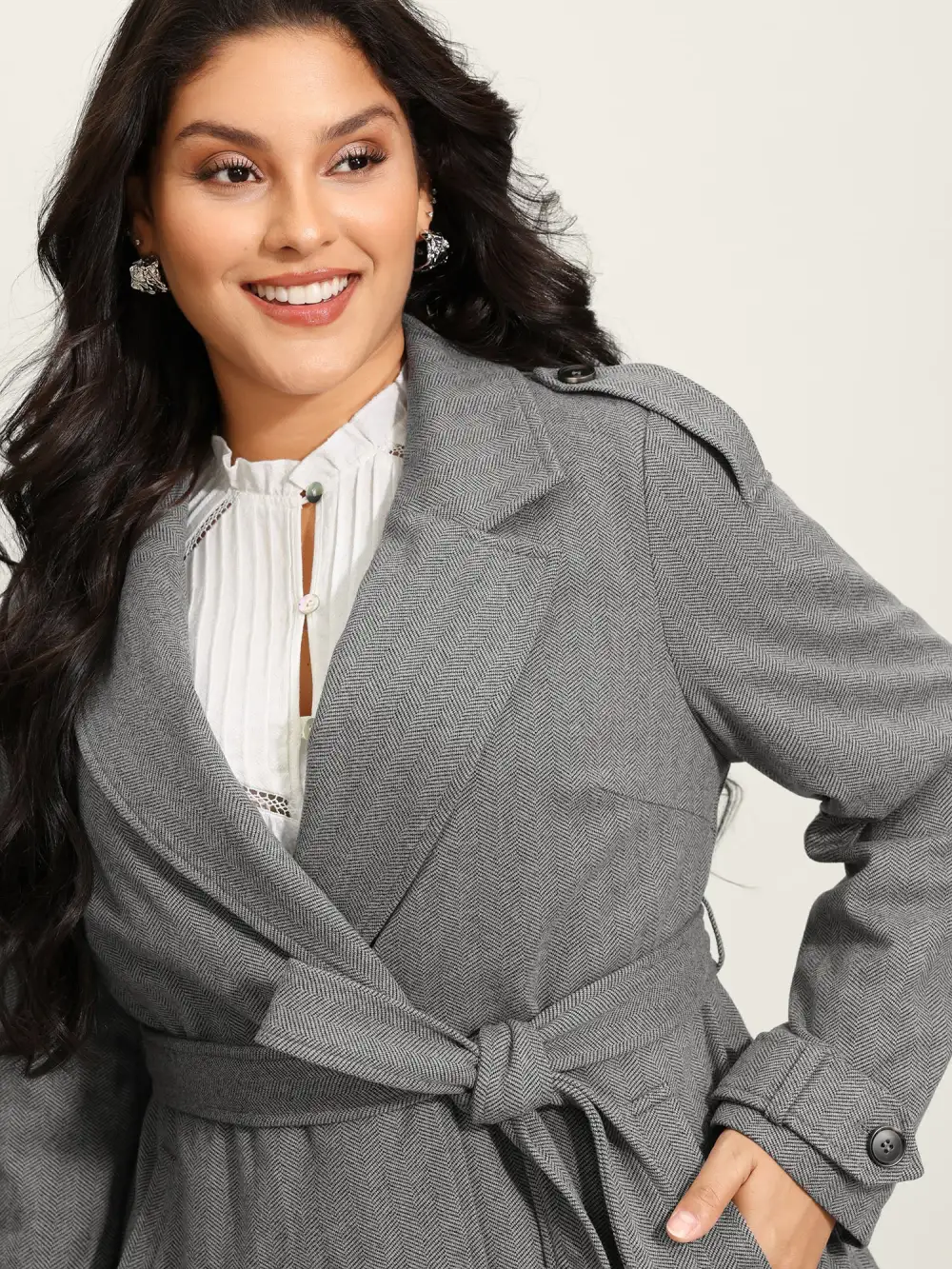 Herringbone Button Belted Lined Coat