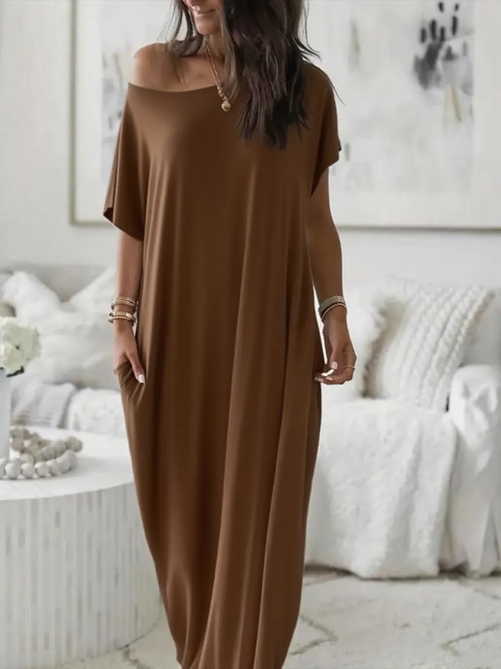 Women's Batwing Sleeve Lounge Dress – Casual Comfy Short Sleeve Nightdress for Daily Wear & Sleepwear