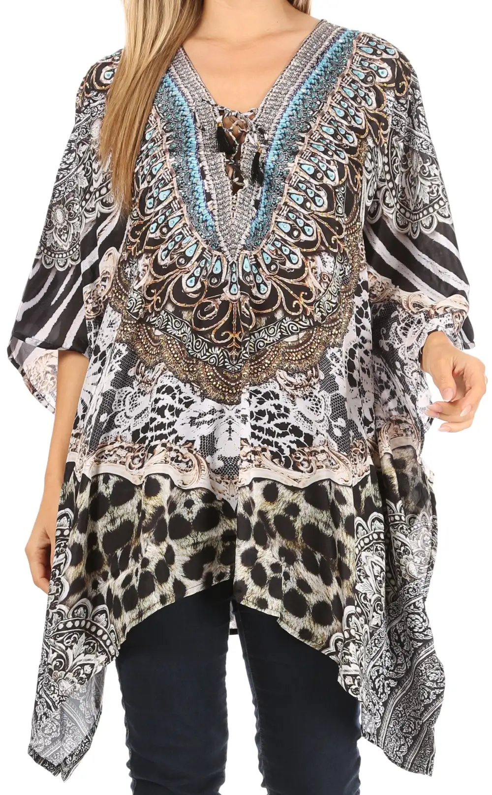 Women's Caftan Poncho Cover up V neck Top Lace up With Rhinestone