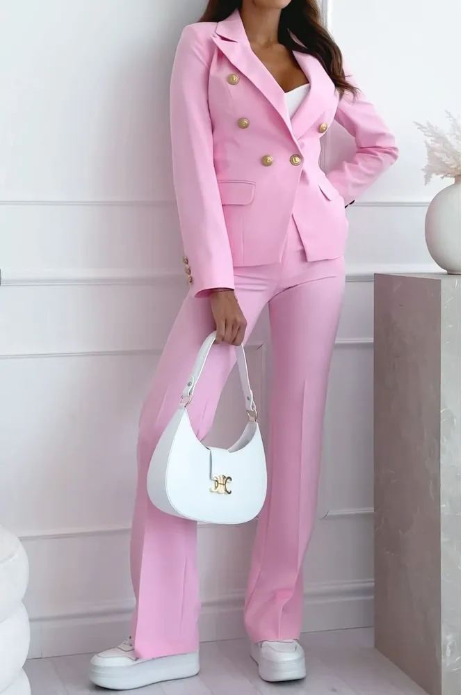 Women's Fashion Solid Color Slimming Button Jacket Pants Two Piece Set