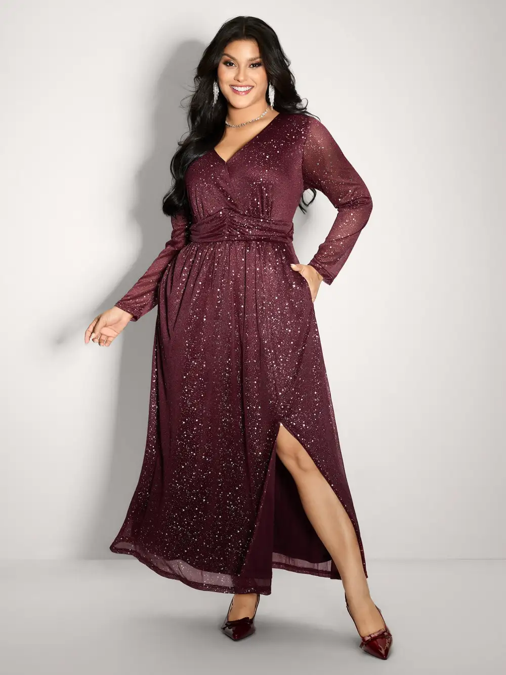 Shimmery Hot Stamp Pockets Slit Maxi Dress