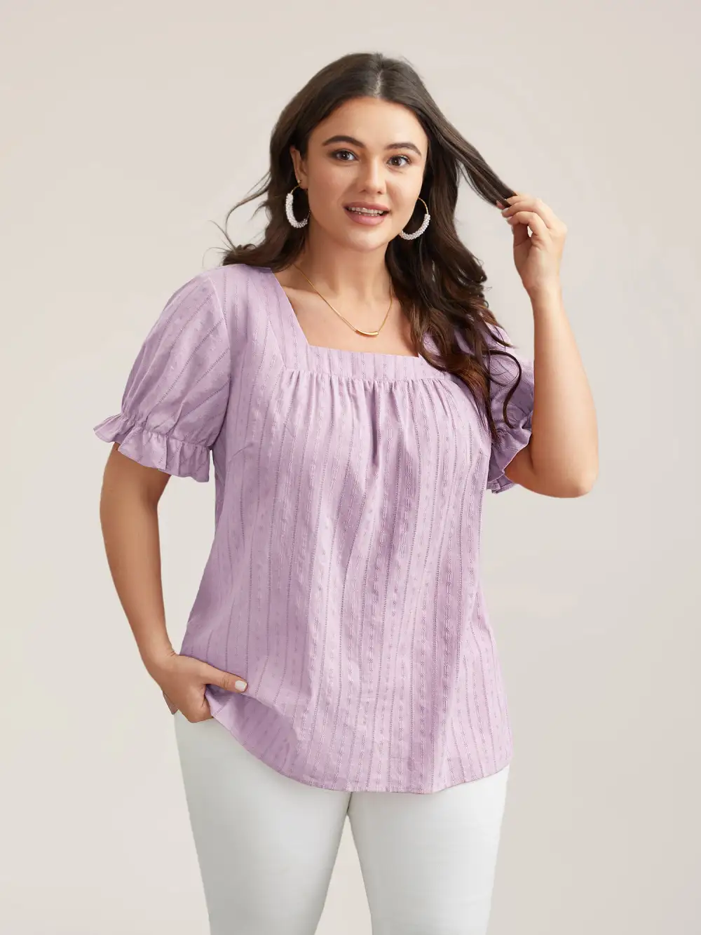 Cotton Square Neck Ruffled Sleeve Shirt
