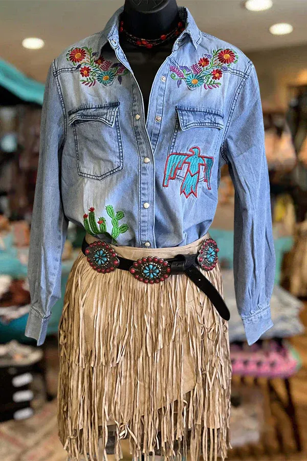 Casual Floral Embroidered Denim Blouse