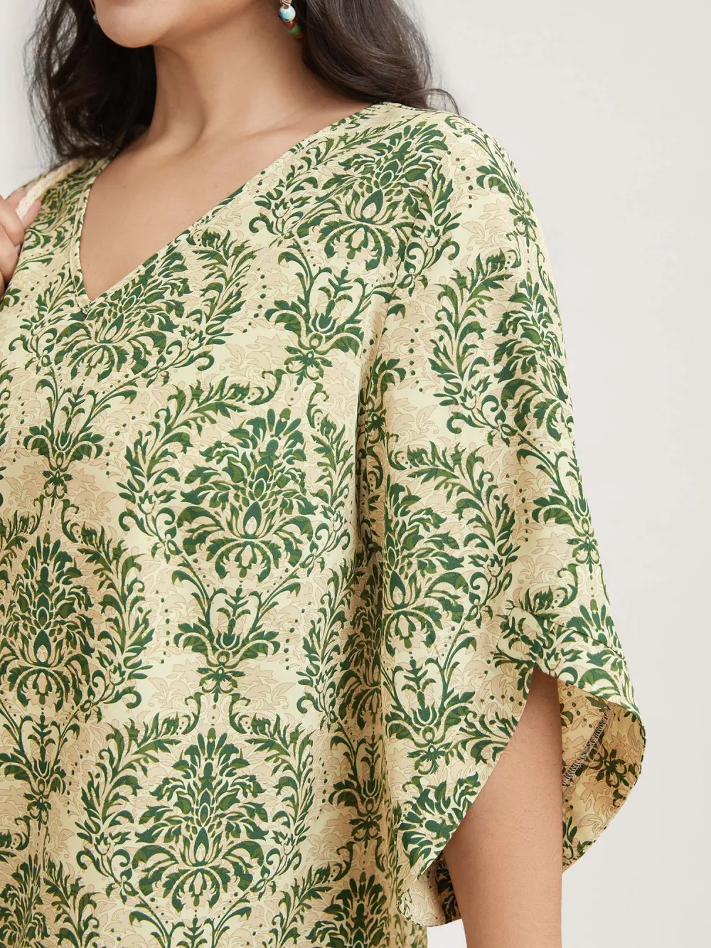Damask Print Flared Sleeve V-Neck Shirt