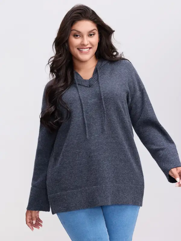 Straight-Sleeve Hooded Solid Pullover