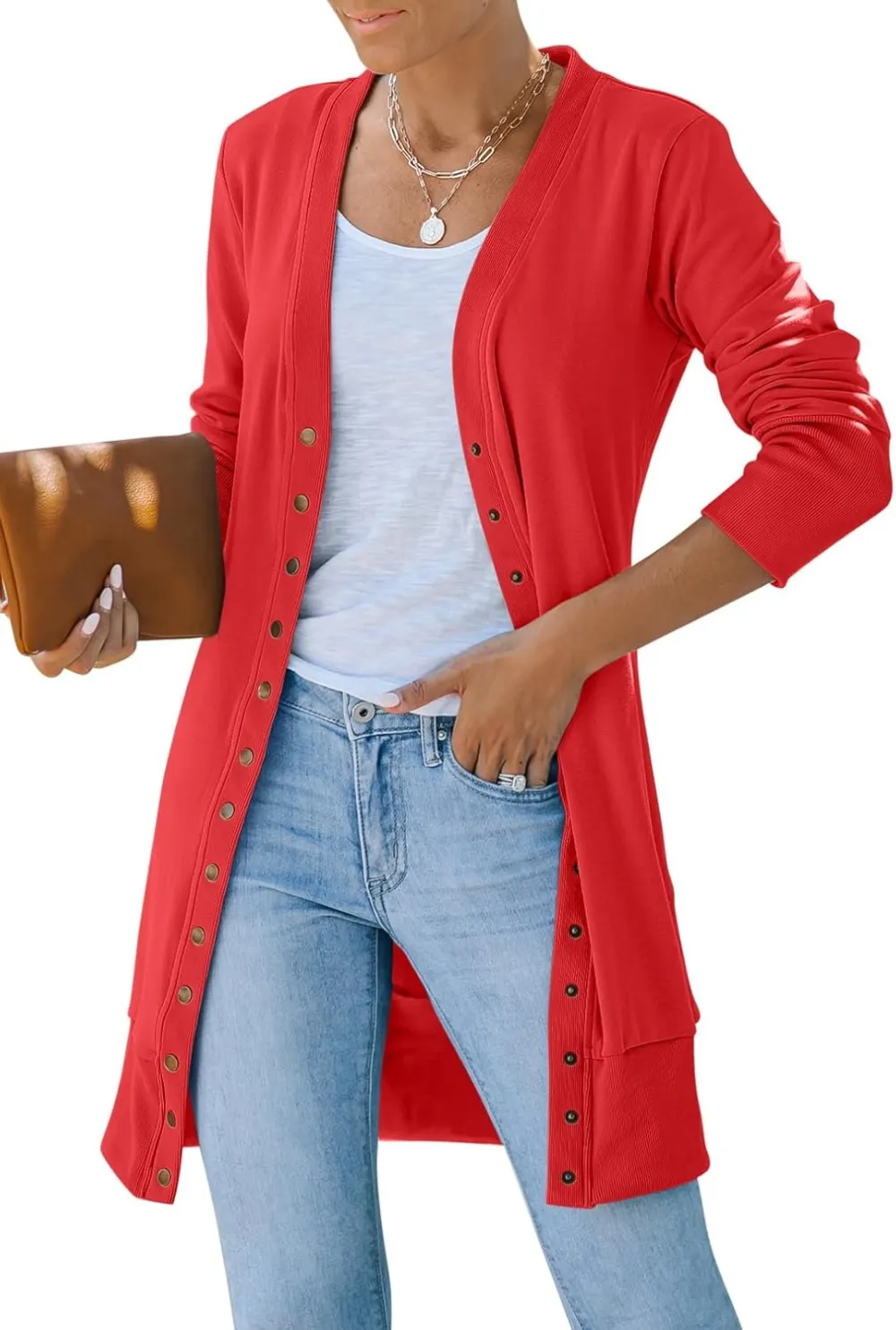 Women's 2024 Fall Long Sleeve Snap Button Down Solid Color Knit Ribbed Neckline Cardigans