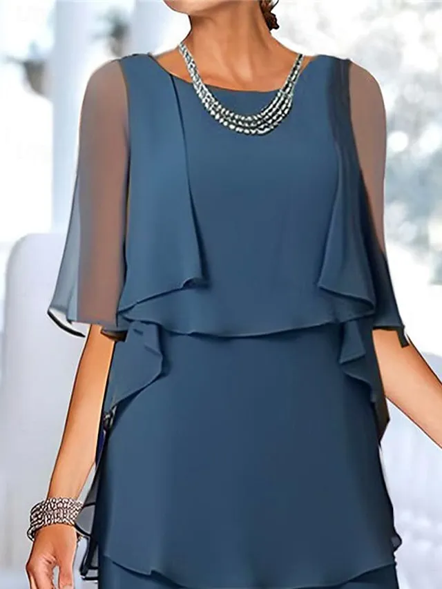 Women's Party Dress Ruffle Layered Crew Neck Half Sleeve Midi Dress Blue Summer Spring