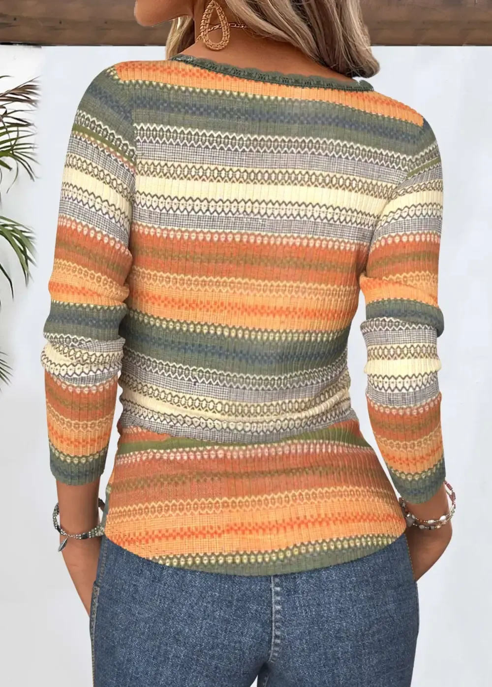 Multi Color Tummy Coverage Striped Long Sleeve T Shirt