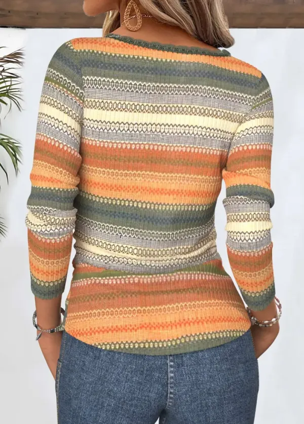 Multi Color Tummy Coverage Striped Long Sleeve T Shirt