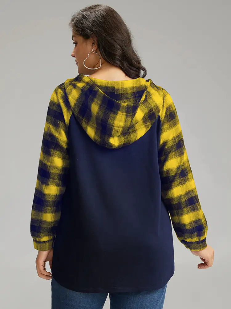Plaid Print Hooded Patchwork Sweatshirt