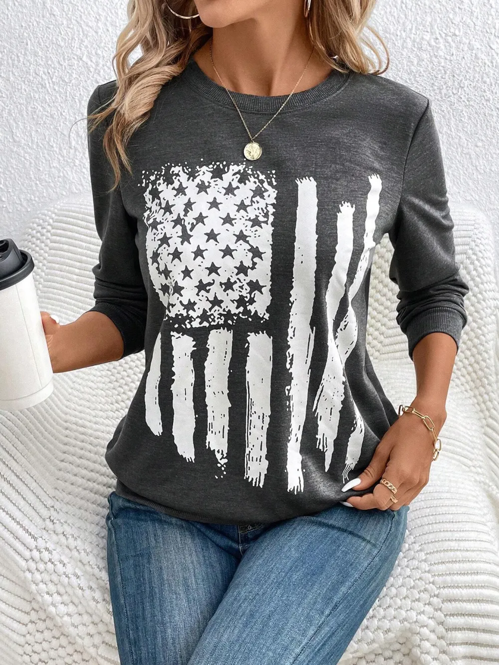 Women's Casual US Flag Print Loose Fit Round Neck Long Sleeve Sweatshirt, Spring Autumn