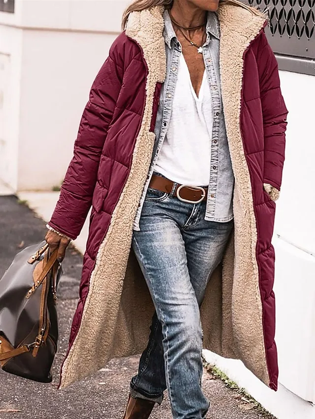 Women's Long Puffer Jacket Winter Fleece Parka  Reversible Thermal Warm Windproof Winter Coat Hooded Jackets
