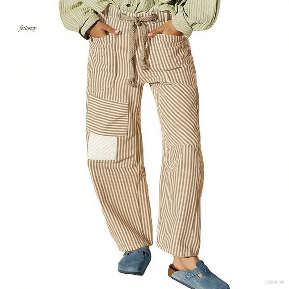 Women's Striped Wide Leg Pants with Pockets – Elastic Waist Drawstring Loose Trousers, Patchwork Casual Style