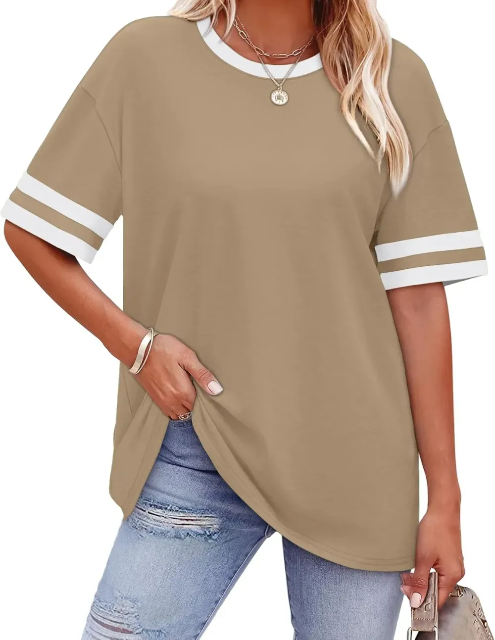 ✨ Women's Oversized Crew Neck Colorblock Striped Sleeve T-shirt