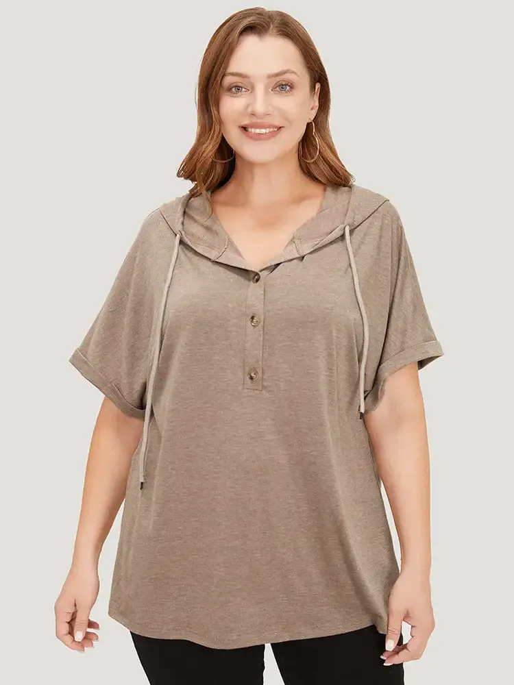 Plain Drawstring Roll Sleeve Button Up Hooded T-shirt