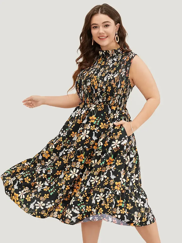 Floral Shirred Mock Neck Cut Out Pocket Ruffle Hem Dress