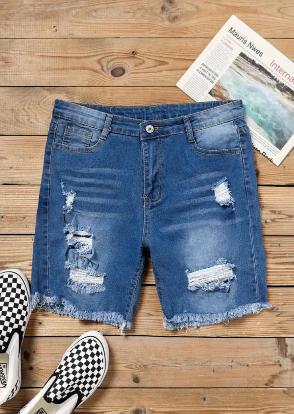 Ripped Hole Frayed Denim Shorts - Deep Blue