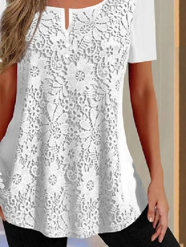 Women's Lace Shirt Shirt Blouse Plain Casual White Lace Short Sleeve Basic V Neck Regular Fit