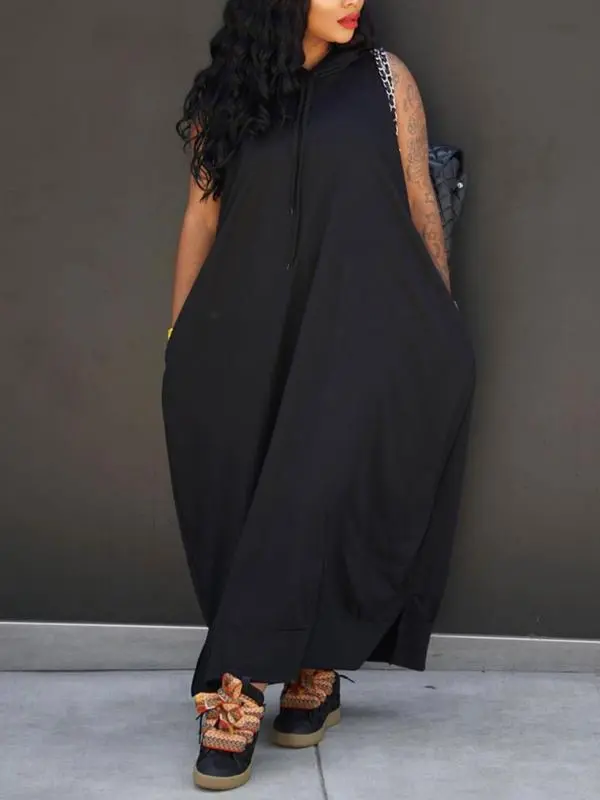 Women's Hooded Tank Maxi Dress – Sleeveless, Drawstring Waist, Pockets, Casual Summer Style