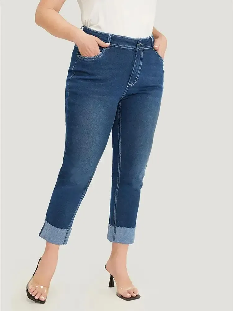 Straight Leg Very Stretchy High Rise Dark Wash Roll Hem Jeans