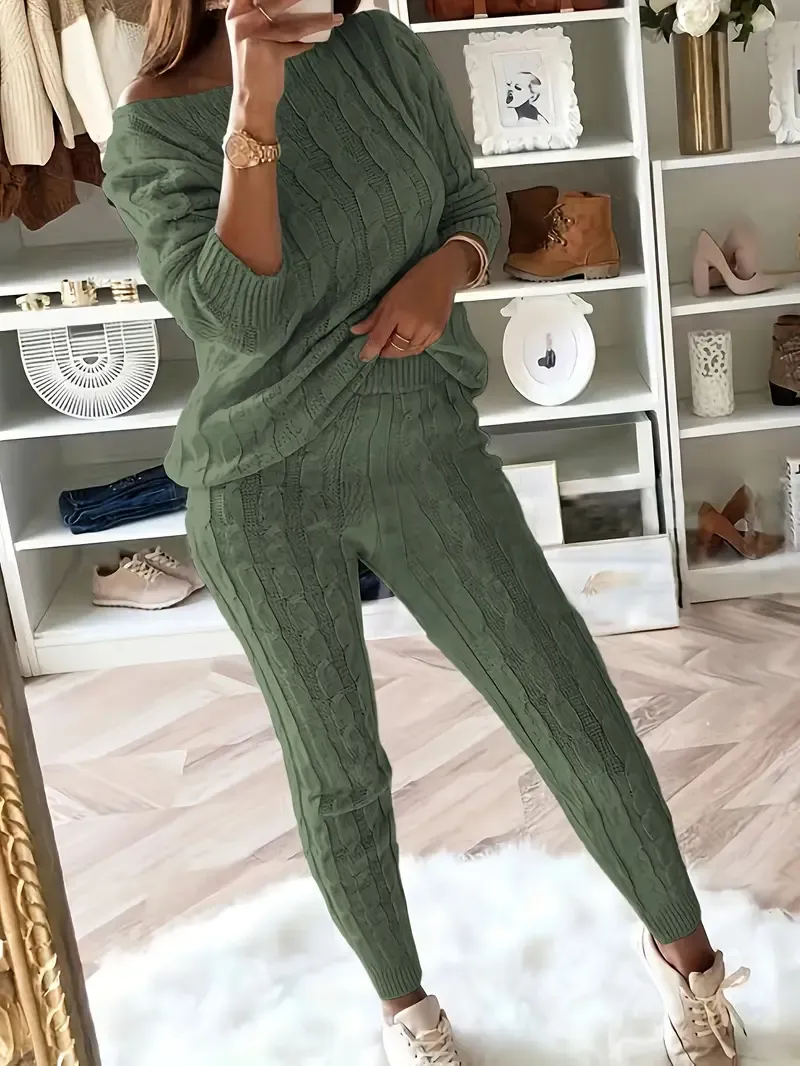 Solid Knitted Matching Two-piece Set, Casual Long Sleeve Sweater & Pants Outfits, Women's Clothing