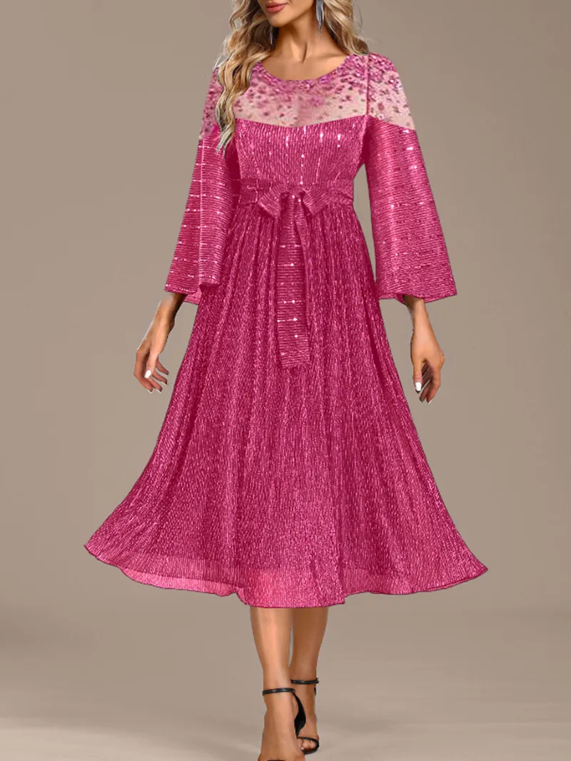 Autumn and winter rose-red see-through long sleeve waist loose large sequin material dress