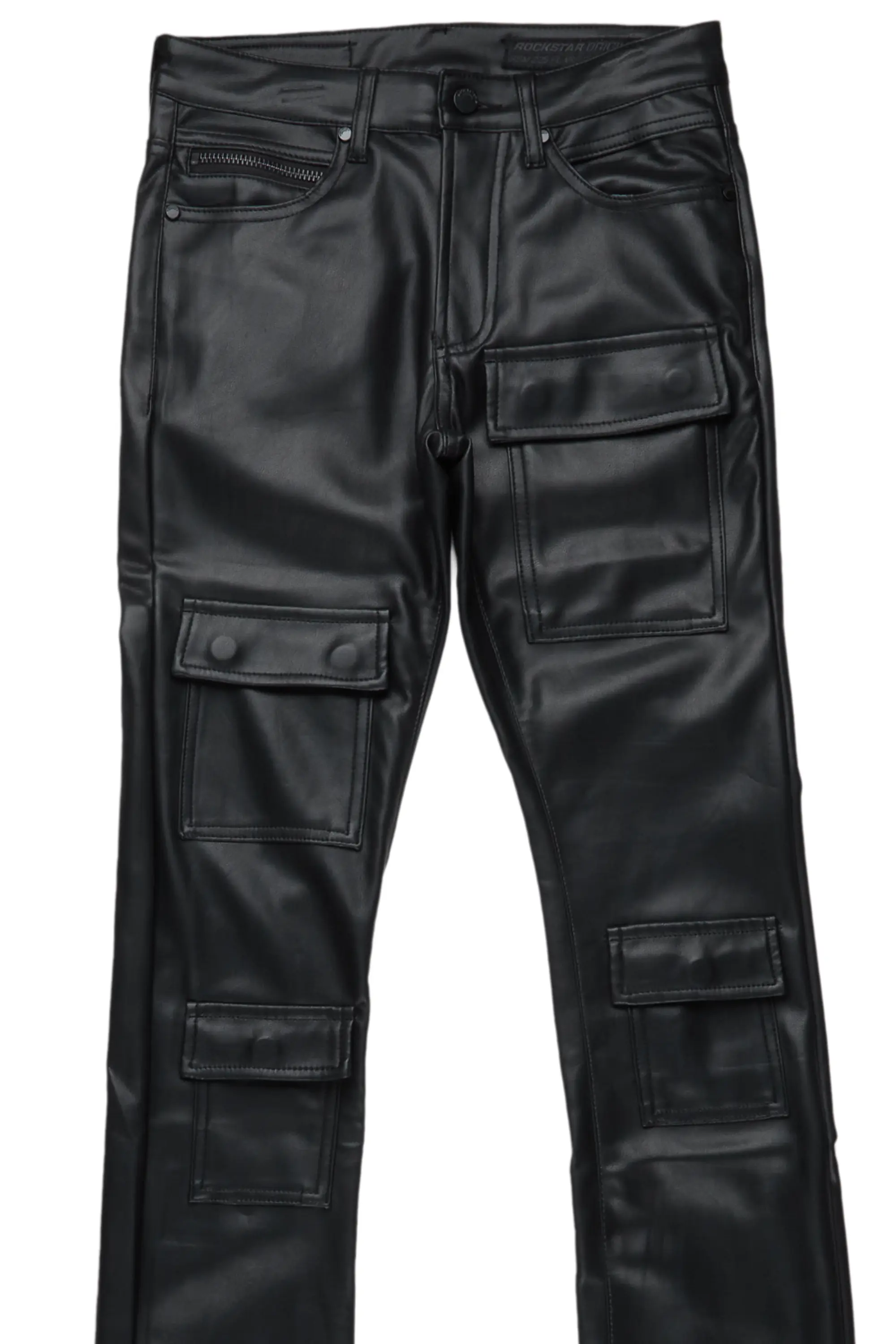 Petrus Black Faux Leather Super Stacked Flare Jean