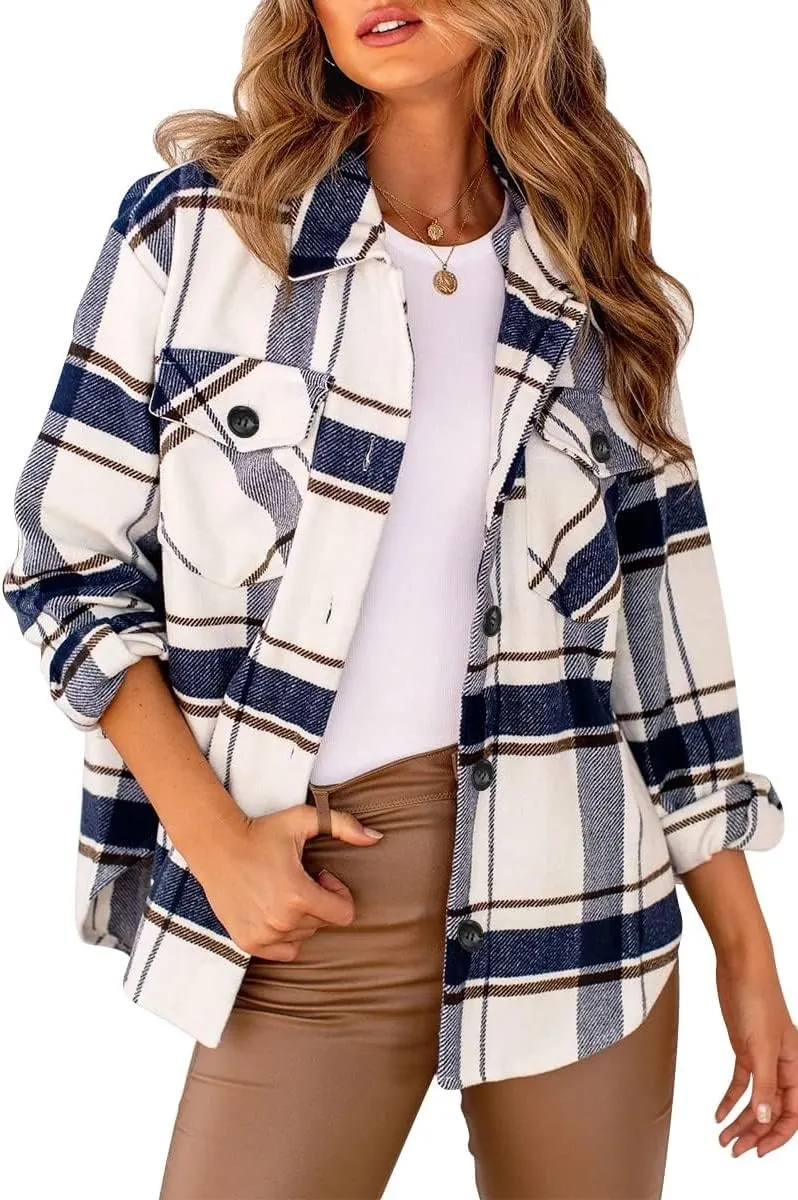 Womens Fall Outfits Fashion Clothes Shackets Flannel Plaid Button Down Long Sleeve Shirts Jackets 2024