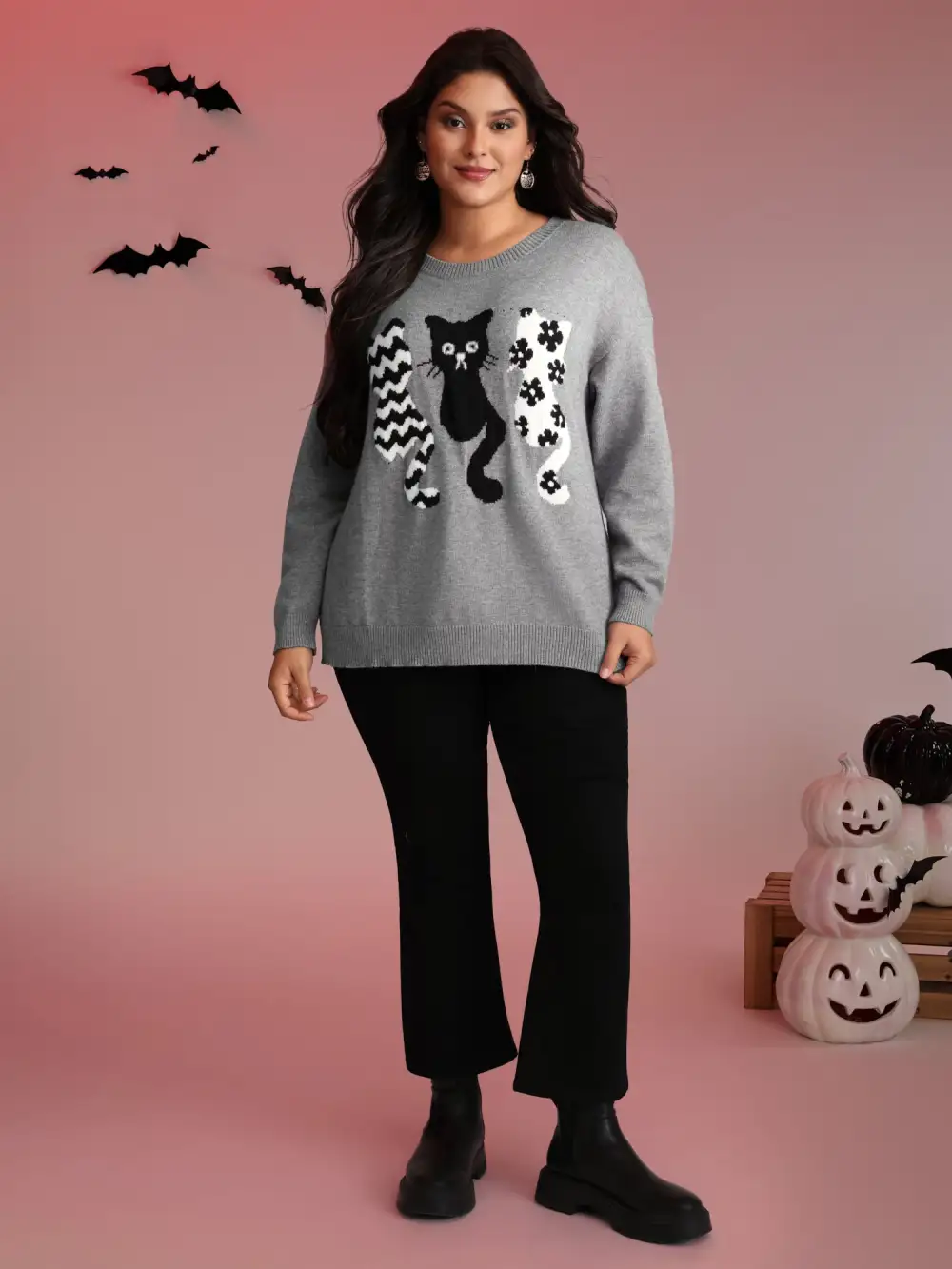 Spooky Cats Jacquard Pattern Pullover