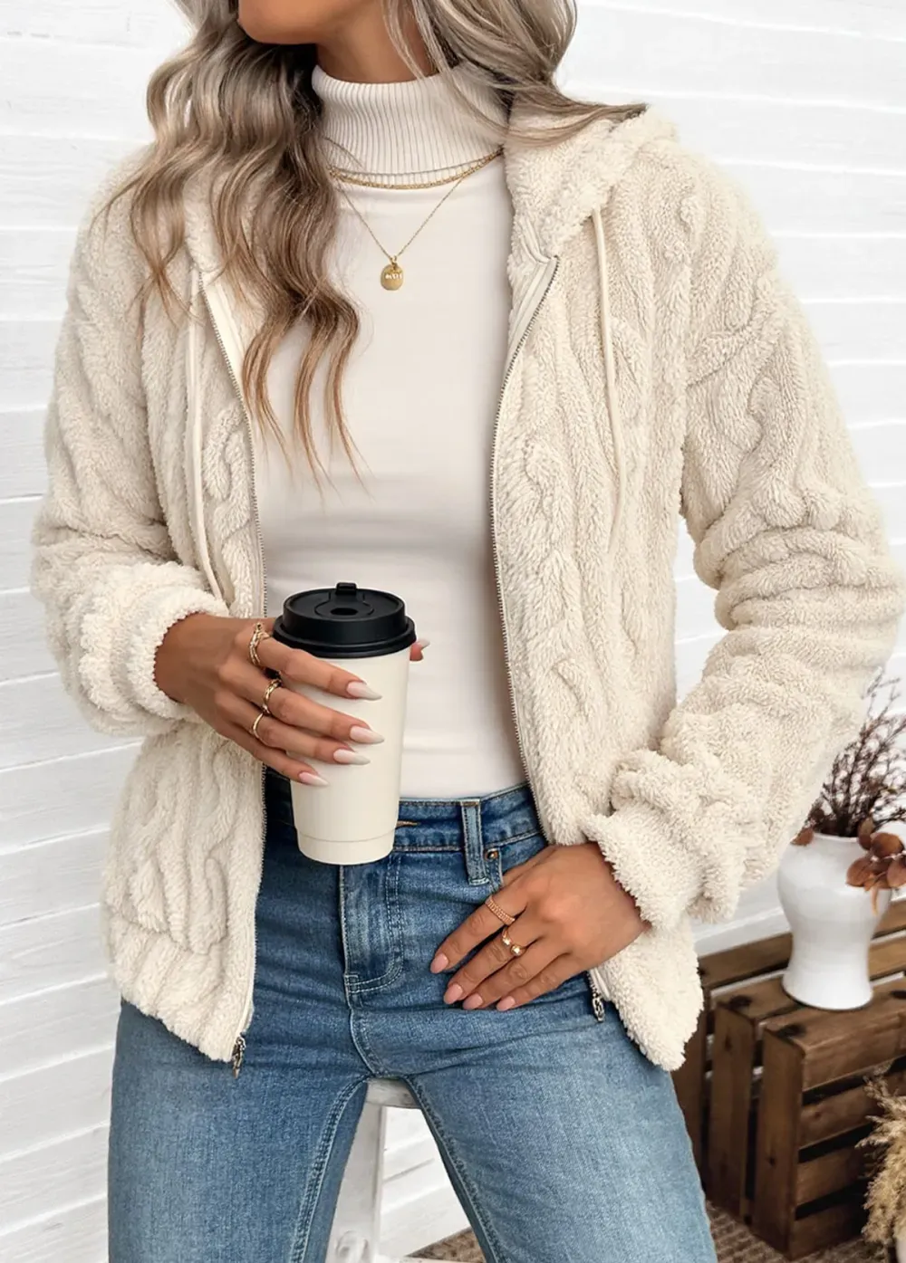 Beige Tummy Coverage Long Sleeve Hooded Coat