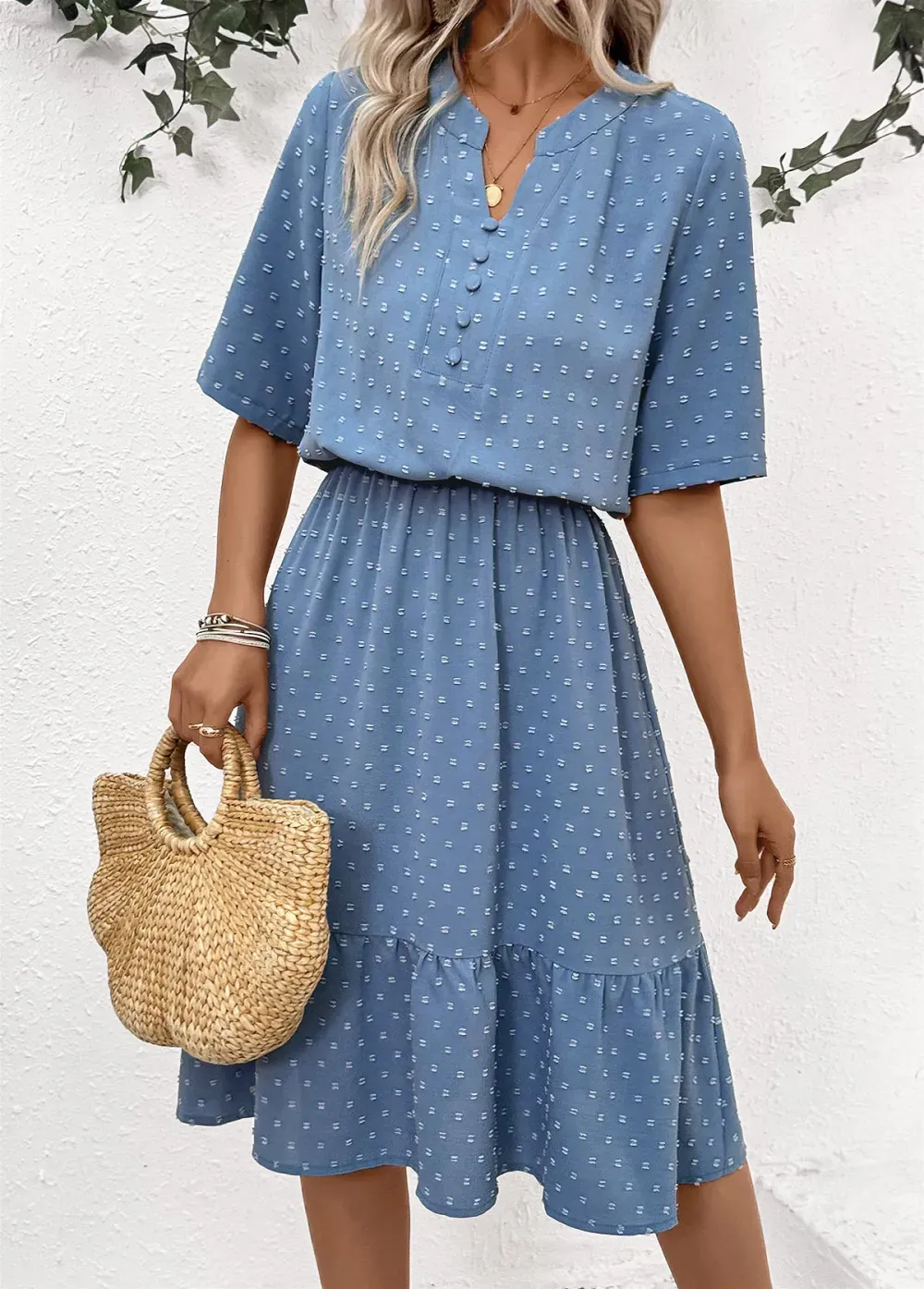 Dusty Blue Polka Dot Short Sleeve Split Neck Dress
