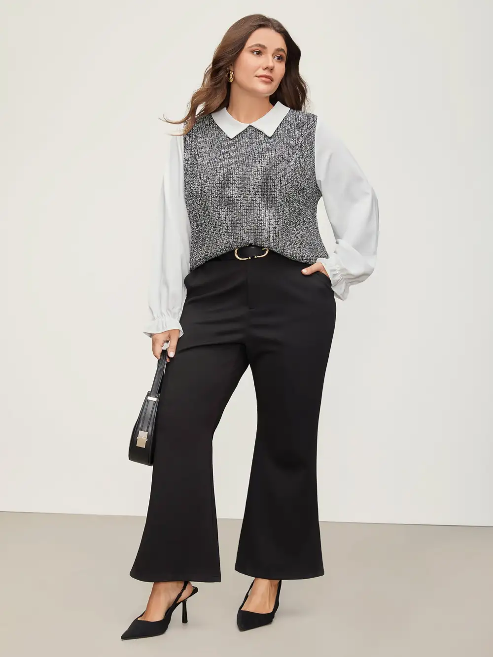 Tweed Patchwork Lantern Sleeve Blouse