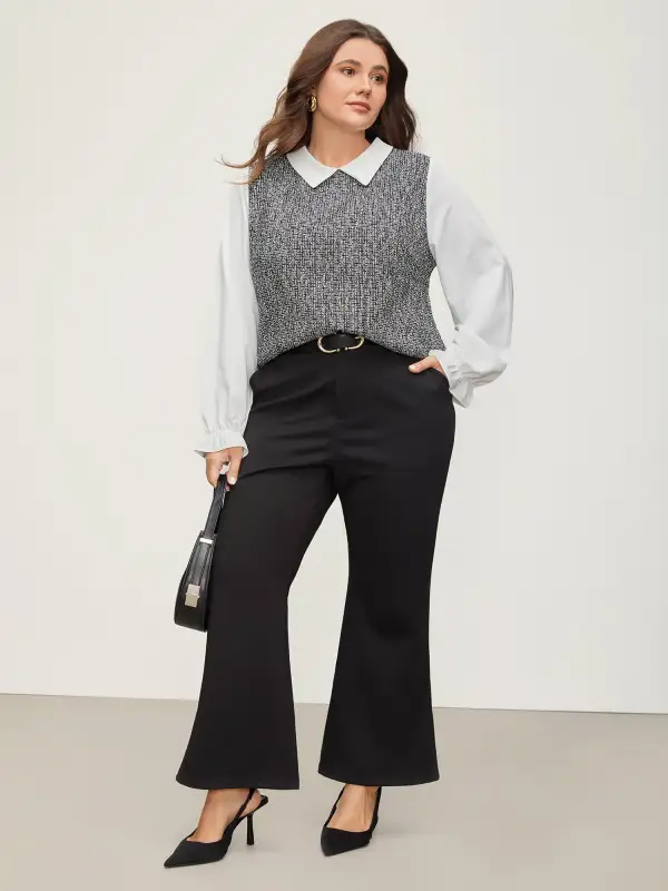 Tweed Patchwork Lantern Sleeve Blouse