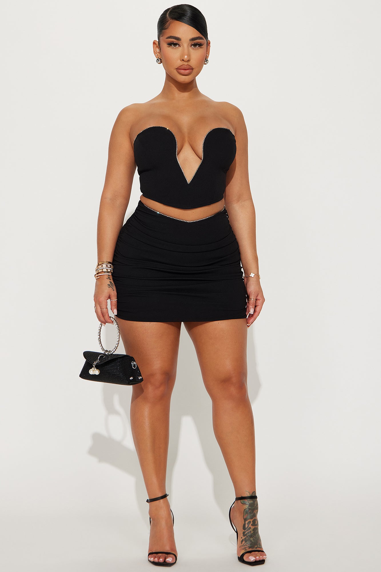 Love And Affection Rhinestone Skirt Set - Black