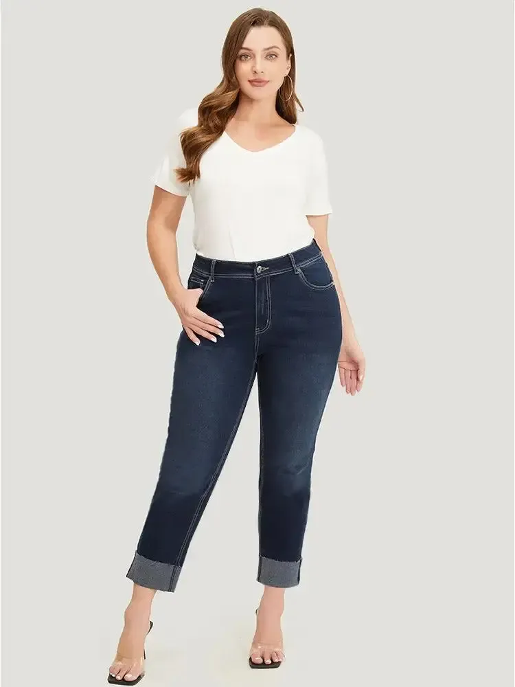 Straight Leg Very Stretchy High Rise Dark Wash Roll Hem Jeans