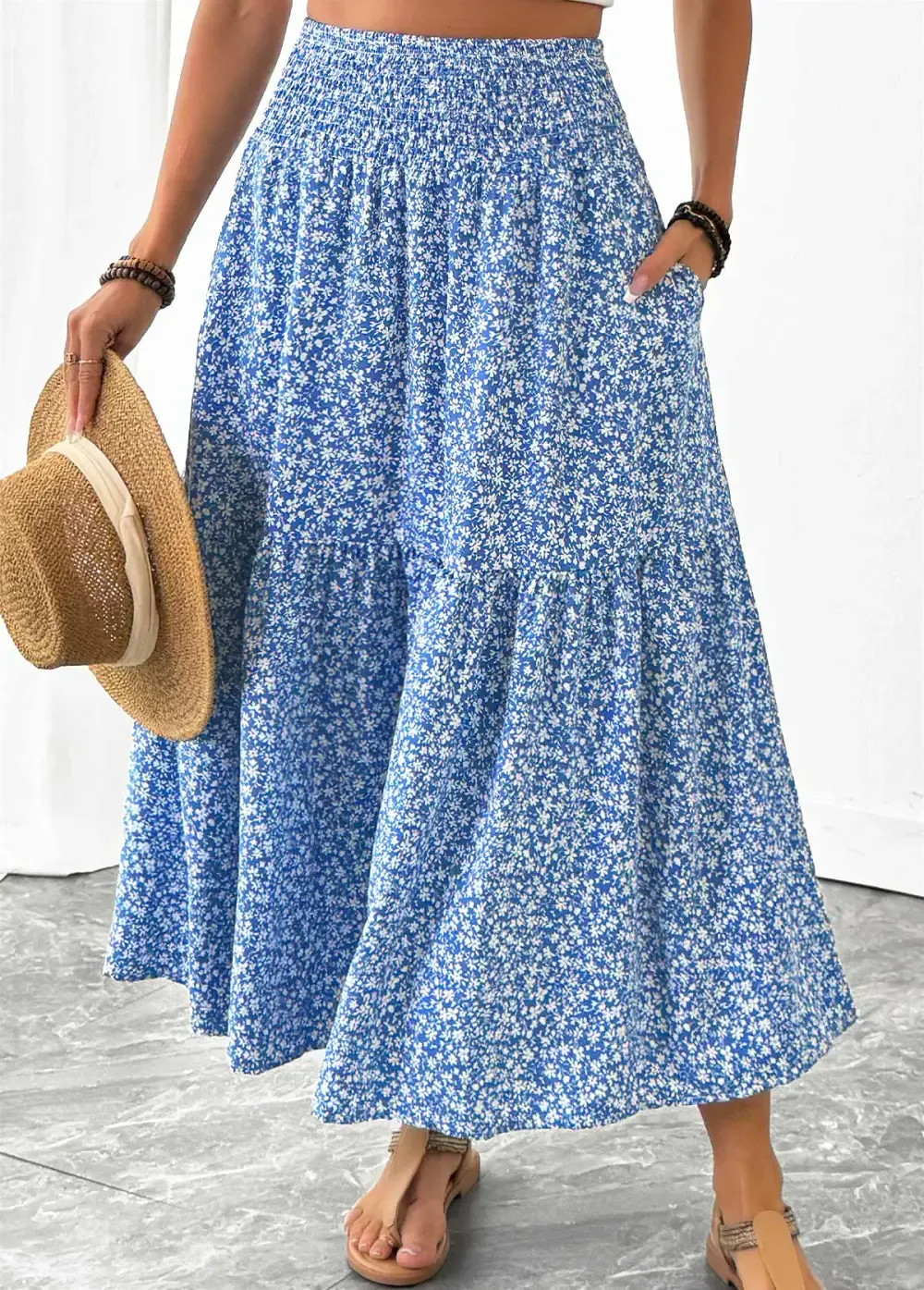 Blue Ditsy Floral Print A Line Elastic Waist Skirt