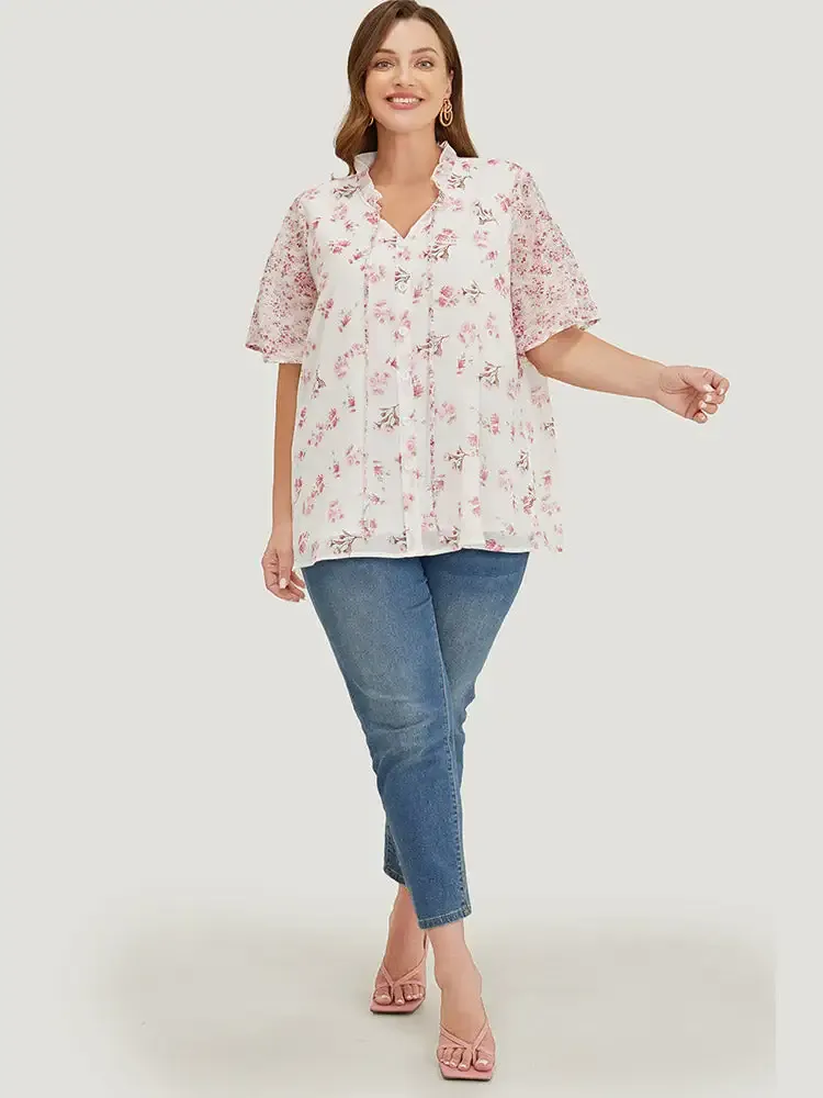 Ditsy Floral Patchwork Frill Trim Tie Neck Blouse