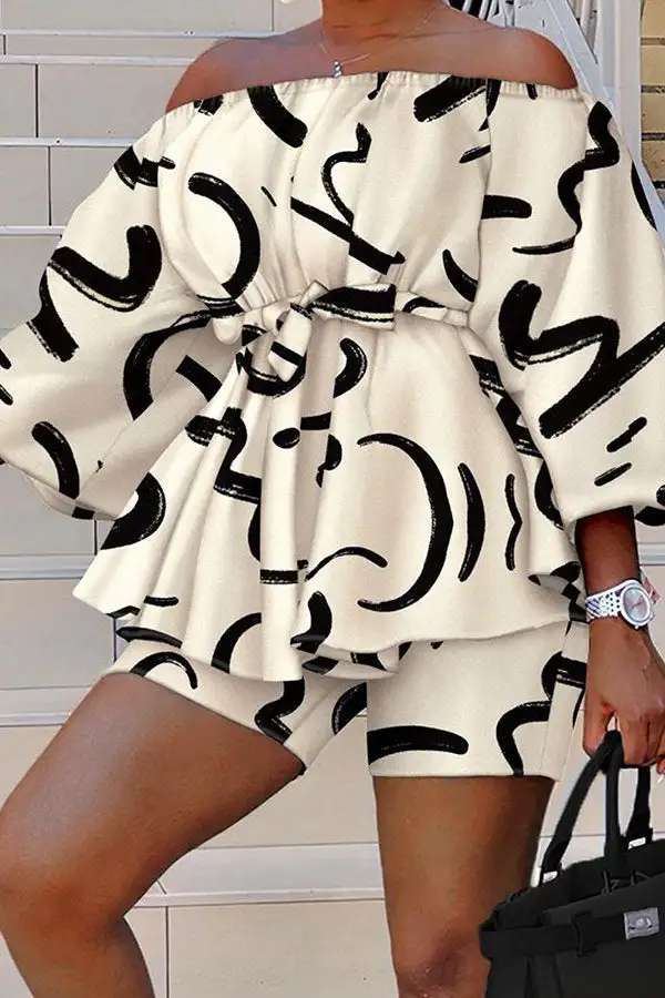 Denim Print Off-Shoulder Belted Pant Set
