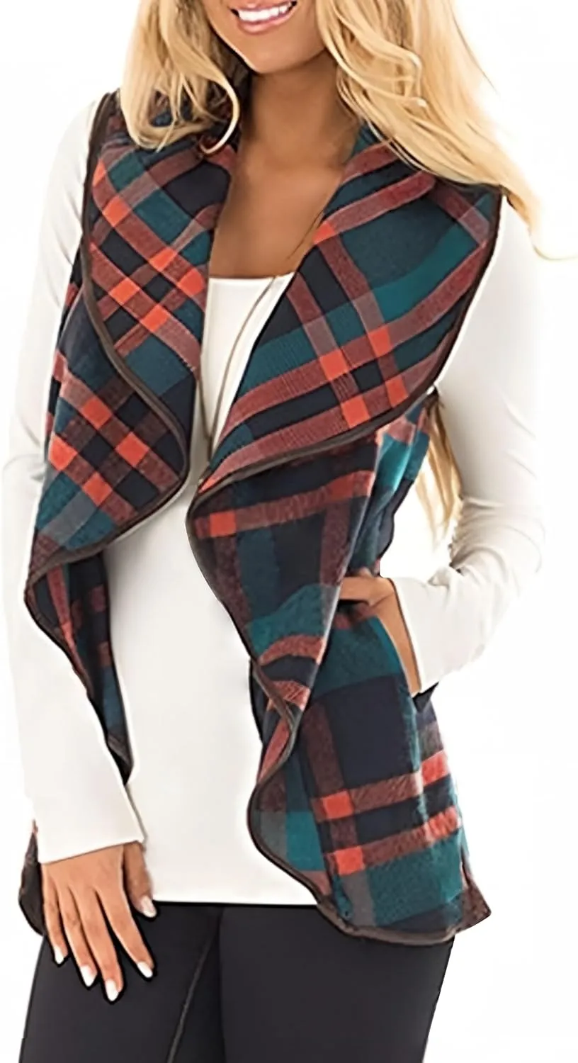 Womens Buffalo Plaid Vest Casual Lapel Open Front Sleeveless Cardigan Jacket Coat with Pockets