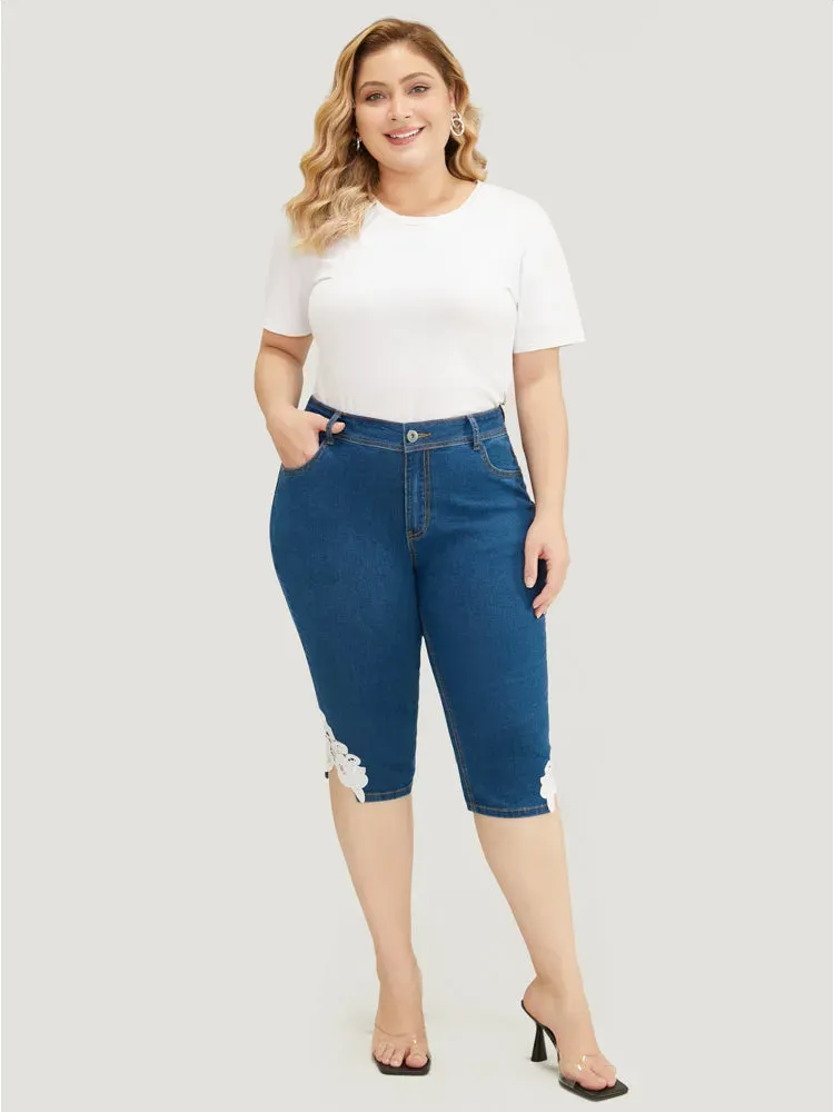 Very Stretchy High Rise Medium Wash Guipure Lace Knee Denim Shorts