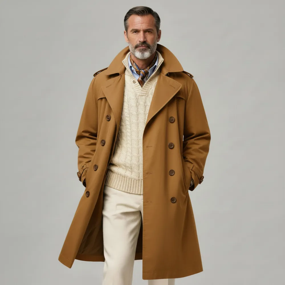 Men's Camel Lapel Collar Long Sleeve Double Breasted Pocket Trench Coat