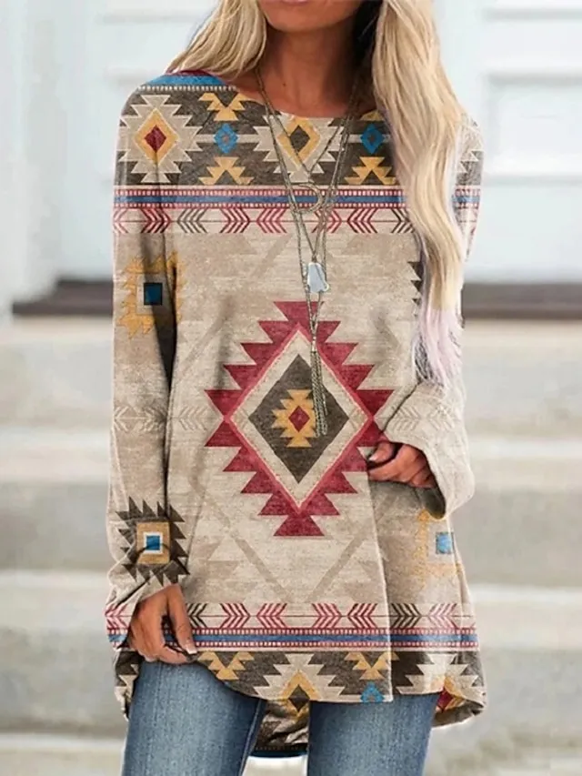 Women's T shirt Tee Burgundy Tee Tunic Shirts Marron Yellow Light Green Geometric Plaid Print Long Sleeve Casual Vintage Tunic Ethnic Round Neck Regular Fit Bohemian Theme Geometric Plus Size Fall