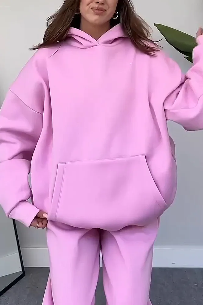 Women's Solid Hooded Sweatshirt and Pants 2-Piece Set