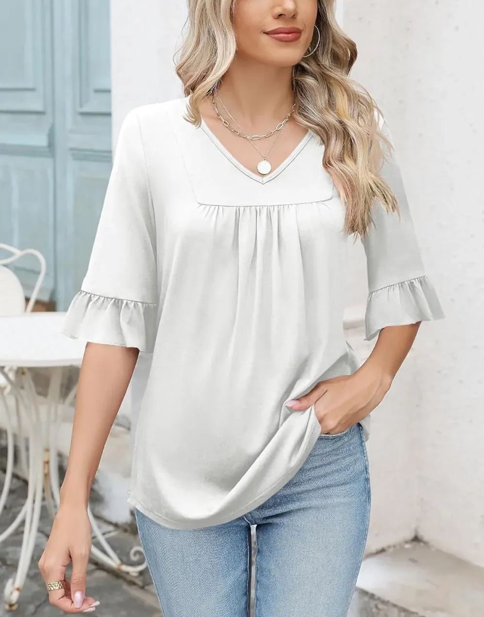 ✨WOMENS 3/4 LENGTH SLEEVE V-NECK CASUAL RUFFLE SLEEVE TUNIC BLOUSES