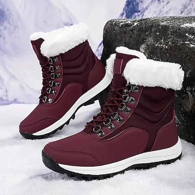 Women's Boots Snow Boots Plus Size Daily Fleece Lined Booties Ankle Boots Winter Flat Heel Round Toe Casual Comfort PU Elastic Band Solid Color Wine Black White