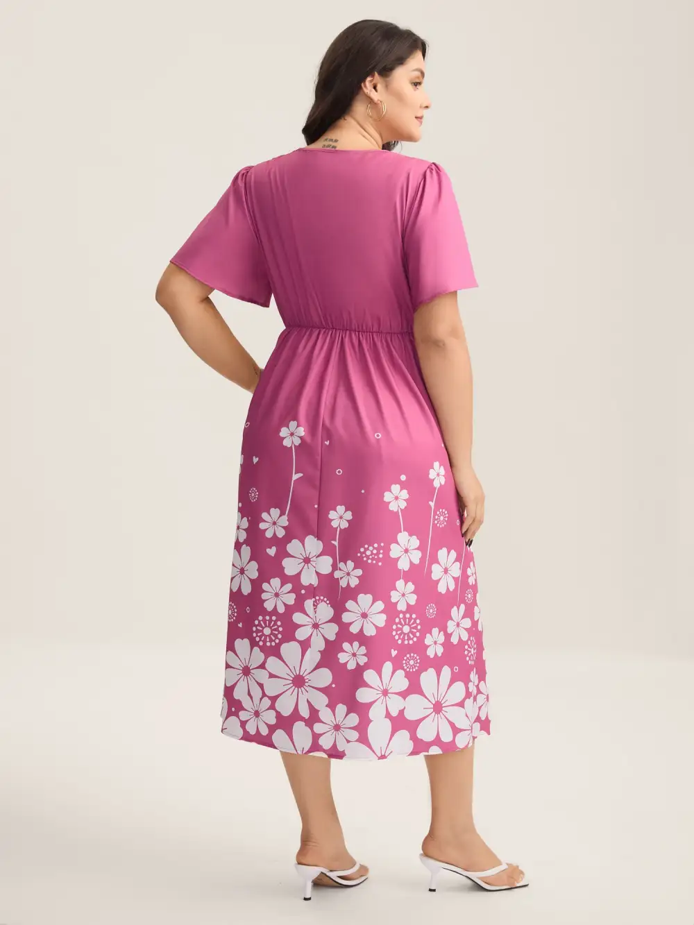 V-Neck Floral Print Flared Sleeve Dress